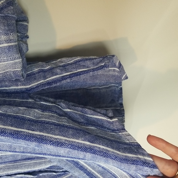 COOPER & EMMA Blue White Striped Linen Rayon Roll Tab Shirt Blouse with Pocket - Picture 7 of 12